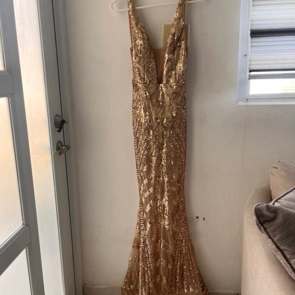 Gold Sequined Plunging V-Neck Evening Gown